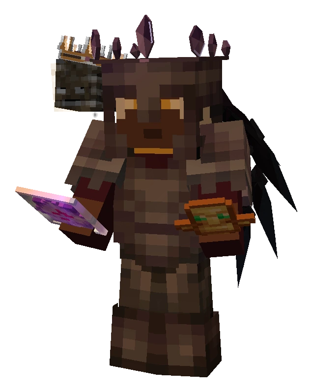 A Venom player in full netherite with Arachne Legs, a Shard Crown and a Crowned Wither Skull familiar, holding an end crystal and a totem
